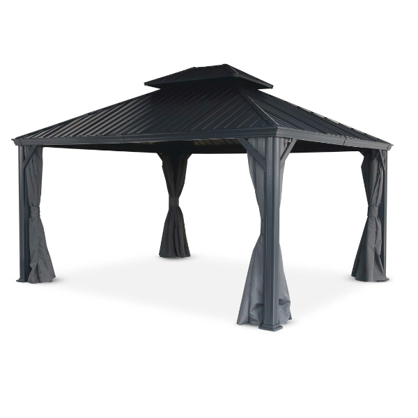 Abri de jardin à toit rigide en aluminium avec filet protecteur, noir, 12 x 14 pi